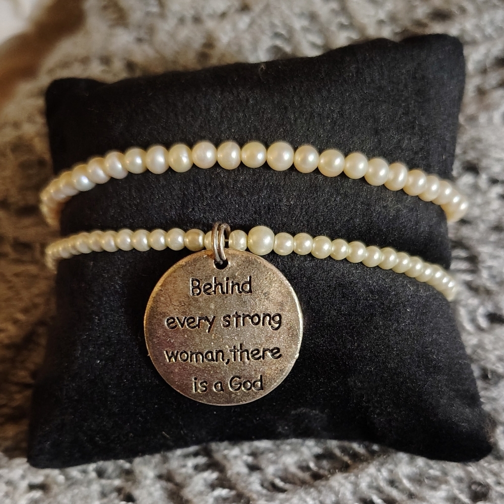 Behind Every Strong Woman There is a God Glass Pearl Charm Bracelet Set